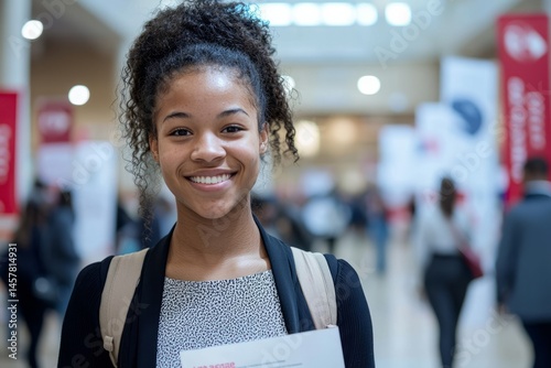 A job fair in a school gym filled with banners and recruiters. A student is walking around with a resume and a curious smile. The mood is nervous but excited