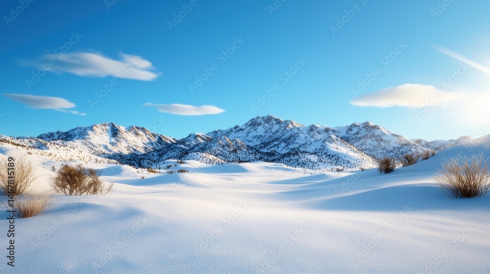 Serene Snowy Mountain Landscape with Pristine Frozen Peaks and Powdery Blanket of Snow Majestic snow capped mountains rise against a clear blue sky creating a picturesque winter wonderland scene Serene Snowy Mountain Landscape with Pristine Frozen Peaks and Powdery Blanket of Snow Majestic snow capped mountains rise against a clear blue sky creating a picturesque winter wonderland scene