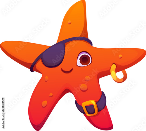 Cartoon starfish animal pirate captain and corsair sailor character. Isolated vector endearing underwater rover sporting eye patch, earring and playful expression. Personage for kid stories or games