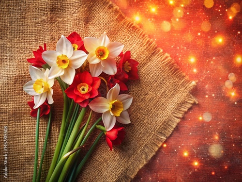 Rosy Narcissus Flat Lay: Sparkling Spring Blooms on Burlap