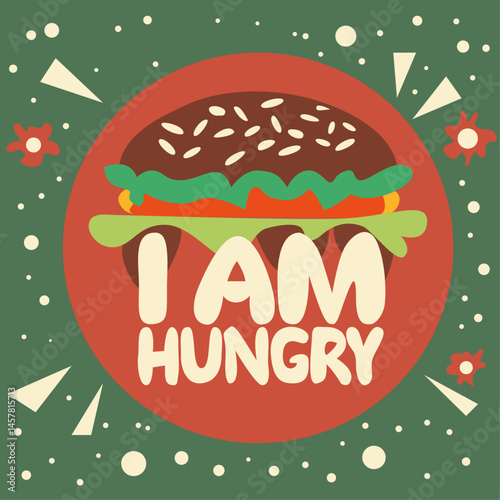 Card with burger and text hungry illustration vintage vector design template