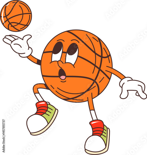 Basketball ball sport groovy funny character. Basketball club or league competition cute groovy vector mascot, championship cheerful hippie character. Sport game match funny personage or character