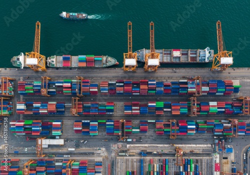 Aerial View of a Busy Cargo Port with Many Shipping Containers
