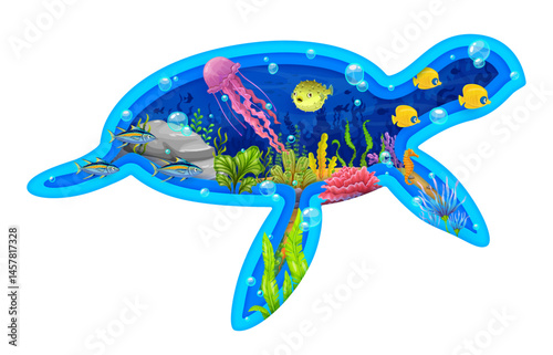Paper cut turtle silhouette with underwater landscape, save the ocean vector banner. Cartoon sea fish shoals, seahorse and jellyfish at ocean bottom with seaweeds and bubbles, save ocean nature themes