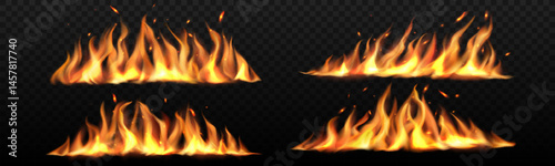 Realistic fire flame trails, long burning tongues of flame with particles, flying sparks and embers. Burning blaze effect, glowing shining flare border, isolated 3d fire or bonfire shining and blazing