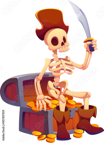 Cartoon skeleton pirate corsair captain character sit on treasure chest, guarding his loot, adorned in classic filibuster boots with a cocked hat and holding a saber. Vector Halloween personage
