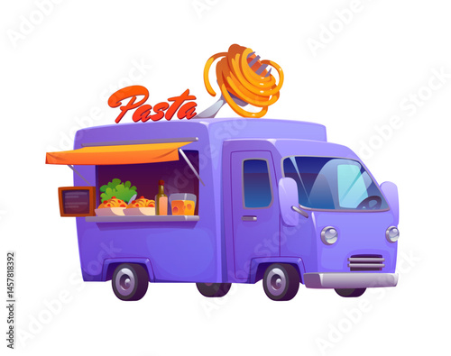 Cartoon pasta food truck car, vintage festival street foodtruck. Italian cuisine van serving freshly made pasta, featuring a giant fork with spaghetti on top. Vector retro mobile, authentic eatery