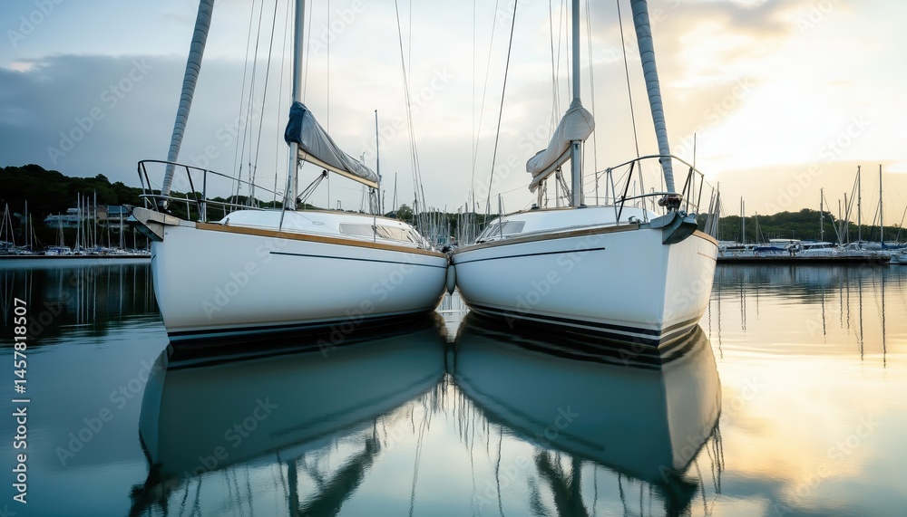 Fototapeta premium Pair of Docked White Sailboats Reflecting in Calm Marina Sunset
