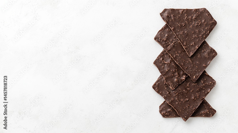 Fototapeta premium Crunchy chocolate bark pieces stacked on a white background.