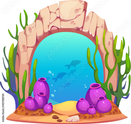 Game magic portal, cartoon underwater sea gate with fish, seaweed and corals, seashell and sand. Vector game asset element of stone arch, magic portal and fantasy door with sandstone frame and bubbles