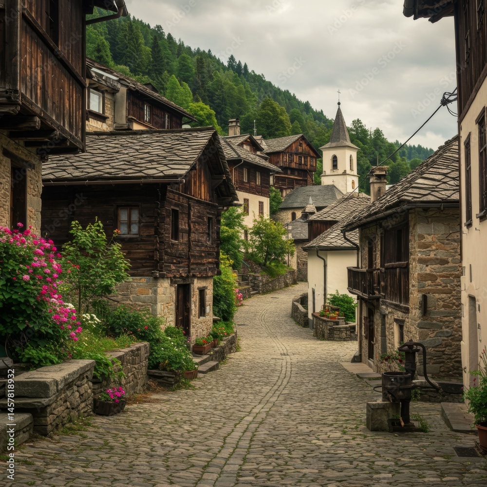Obraz premium Charming Alpine Village Street with Stone Houses