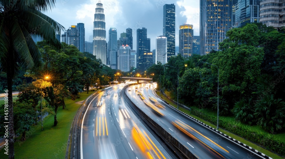 Fototapeta premium Towering skyscrapers and illuminated traffic on a futuristic urban landscape capturing the energy and dynamism of a bustling global metropolis at night