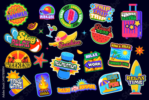 Travel and relax y2k groovy patch stickers, summer vacation retro funky labels with vector sun, sea beach ball, umbrella and palm. Tropical cocktail, sunshine hat and ice cream retro y2k stickers