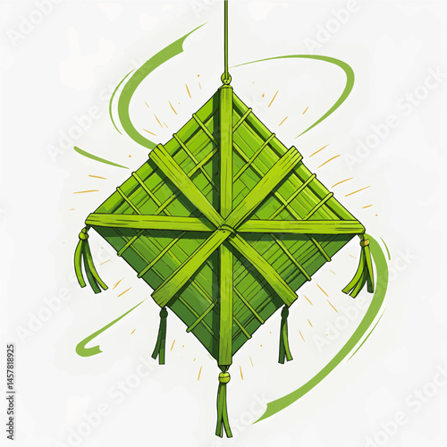 A stylized illustration of a bright green ketupat, intricately woven and suspended by a string. Energetic green and gold brushstroke-like elements radiate around the central ketupat 