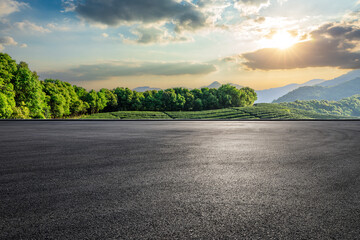 Empty asphalt road and green tea plantation with mountain natural landscape at sunset