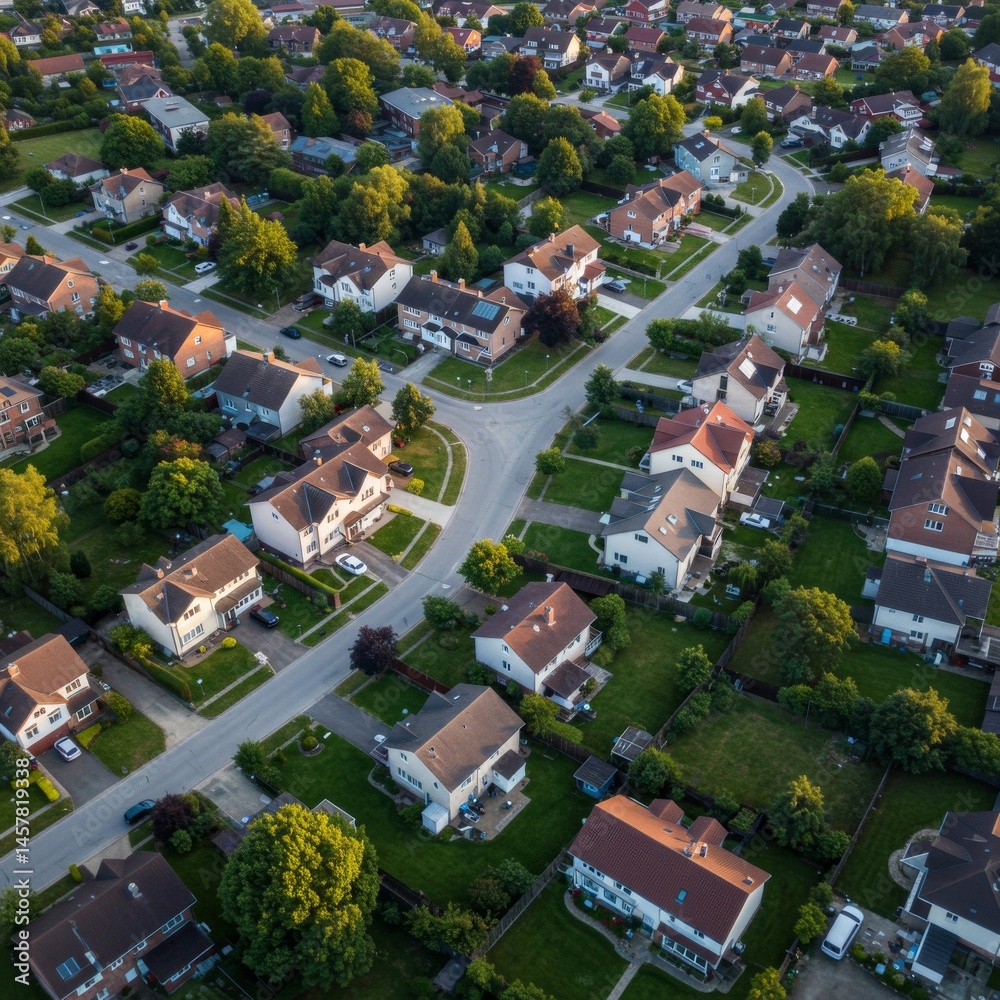 Fototapeta premium Aerial View of a Suburban Neighborhood with Lush Green Yards