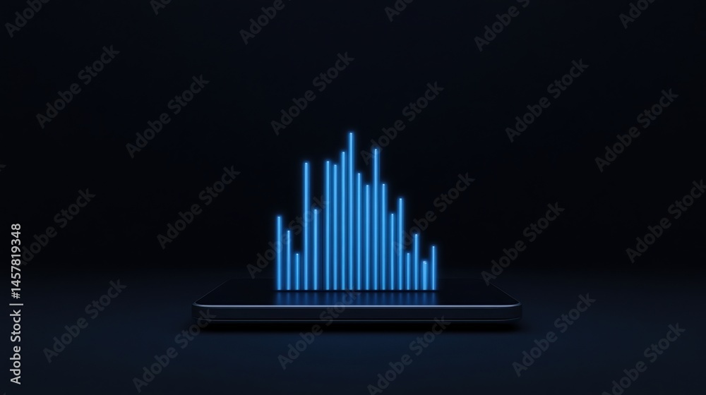 A glowing blue equalizer visualizer appears to rise from a smartphone screen in a dark, minimalist setting. A glowing blue equalizer visualizer appears to rise from a smartphone screen in a dark, minimalist setting.