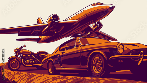 Vintage Car, Motorcycle, Airplane Illustration
