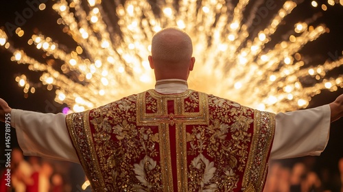 Clergyman amidst fireworks display.  A religious figure, back to camera,  stands in front of a brilliant firework explosion.  His arms are outstretched,  reflecting a moment of revere