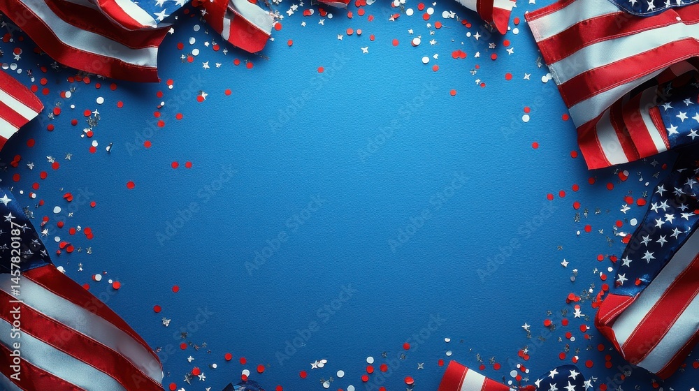 Fototapeta premium Festive Fourth of July Background American Flags Confetti on Blue