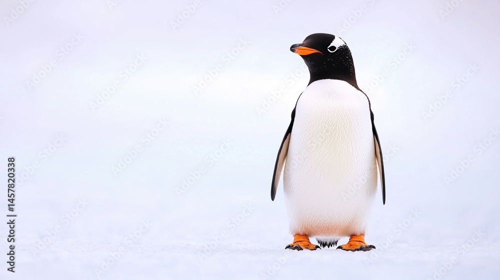 Obraz premium A single penguin stands on snowy ground, surrounded by a stark, icy white landscape.