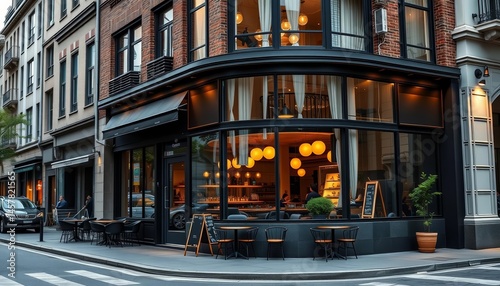 Modern street corner cafe with large windows, dark & light exterior, drink, architecture