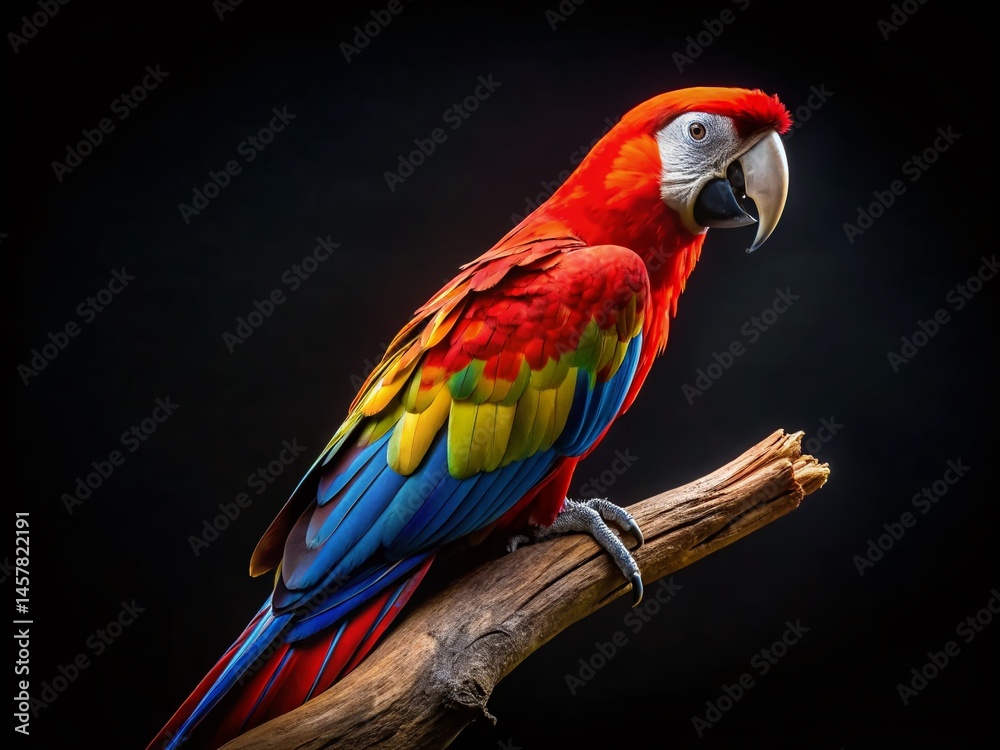 Fototapeta premium Scarlet Macaw Bird Logo Design, Black Background, Aerial View, White Outline