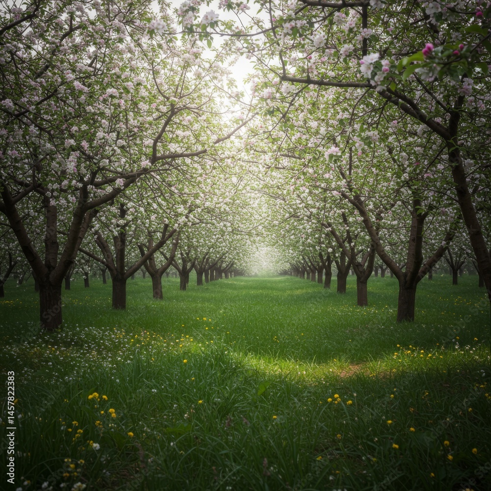 Naklejka premium Sunlit Path Through a Blooming Apple Orchard
