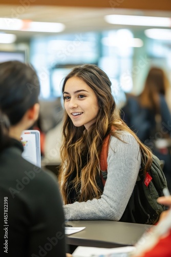 A college career fair with booths and student lines. A student is talking to a company rep about internship options. The mood is eager and open
