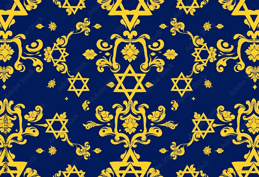 Elegant seamless pattern featuring gold Jewish ornaments and Star of David on a navy blue background, vector, digital
