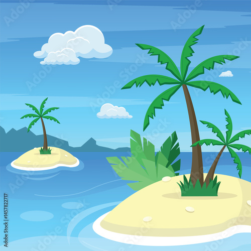 Landscape with the ocean and two islands with palm trees. Travel, rest, vacation. Banner.