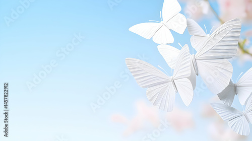 White Butterflies Among Light Pink Flowers Against Light Blue Sky