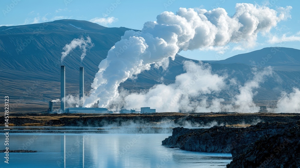 Fototapeta premium Geothermal power plant releasing steam against the backdrop of mountains and blue sky with clouds.