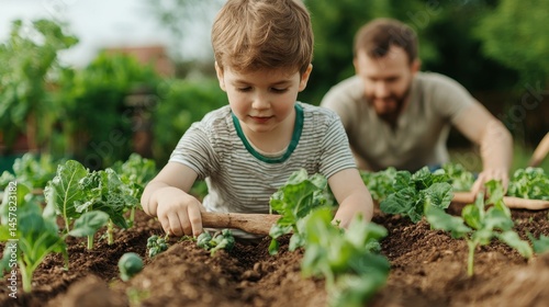 Wallpaper Mural Young Boy Gardening with Dad in a Lush Vegetable Garden Scene Torontodigital.ca