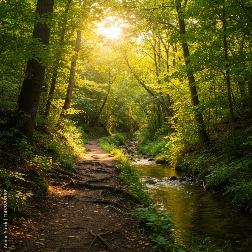 Obraz premium Sunlit Forest Path Beside a Tranquil Stream