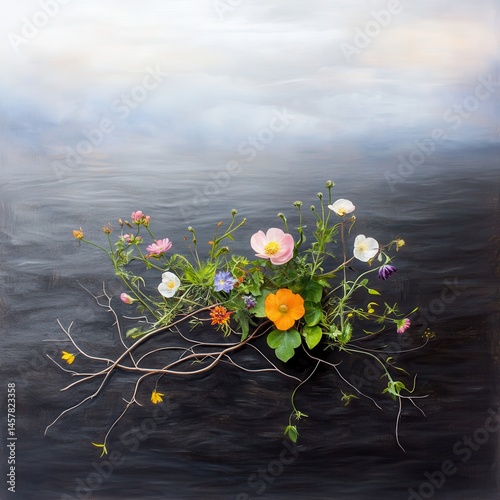 Nature's beauty hyperrealistic oil painting of overgrown wildflowers tranquil setting giga pixel detail