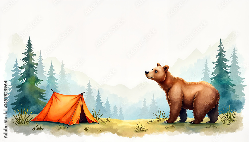 Fototapeta premium Bear observing tent in forest landscape 