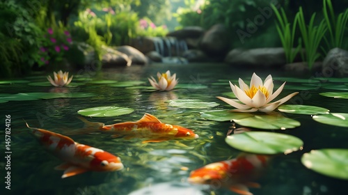 Serene pond with koi and water lilies