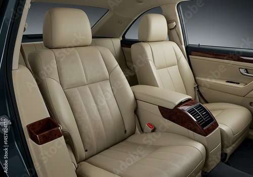 Close up of the interior of a luxury car featuring beige leather seats and wood trim details inside