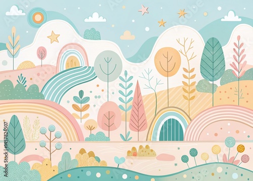 Whimsical Nursery Landscape Line Art: Abstract Pastel Dreamscape