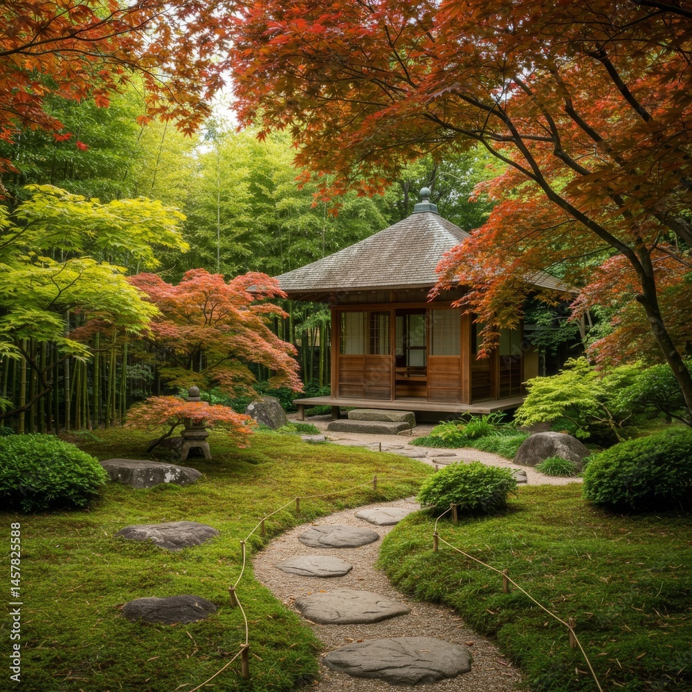 Japanese Garden Pavilion Amidst Autumn Maple Trees Japanese Garden Pavilion Amidst Autumn Maple Trees