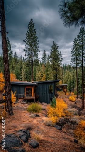 Modern cabin nestled in autumn forest