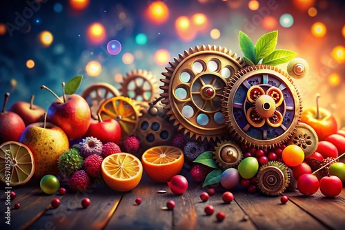 Whimsical Steampunk Fruit Illustrations with Bokeh Background - Doodle Style Stock Photo