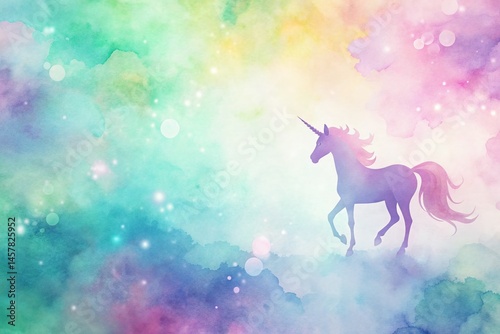 Whimsical Unicorn Watercolor Backdrop: Minimalist Pastel Fantasy Scene