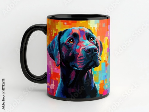 Close up of a mug with a dog design on it against white surface