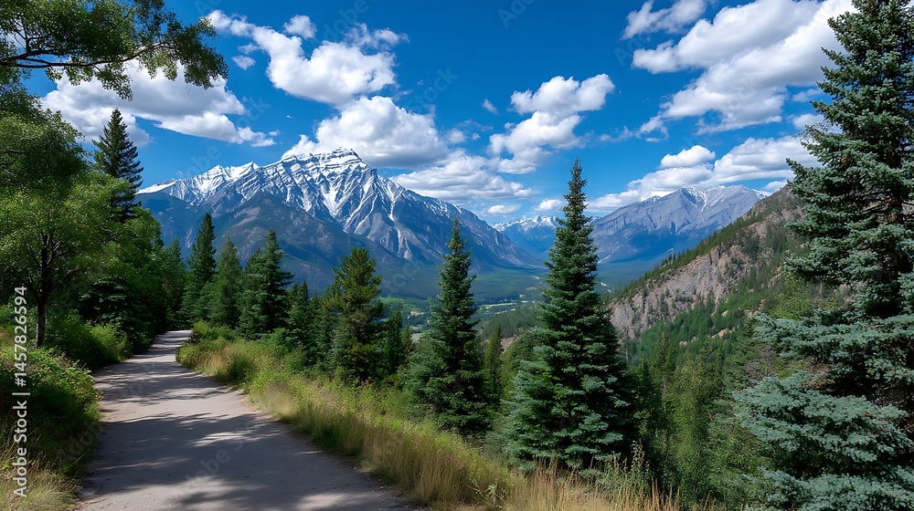 Obraz premium Serene Mountain Landscape with Lush Green Trees and Majestic Peaks Under a Blue Sky