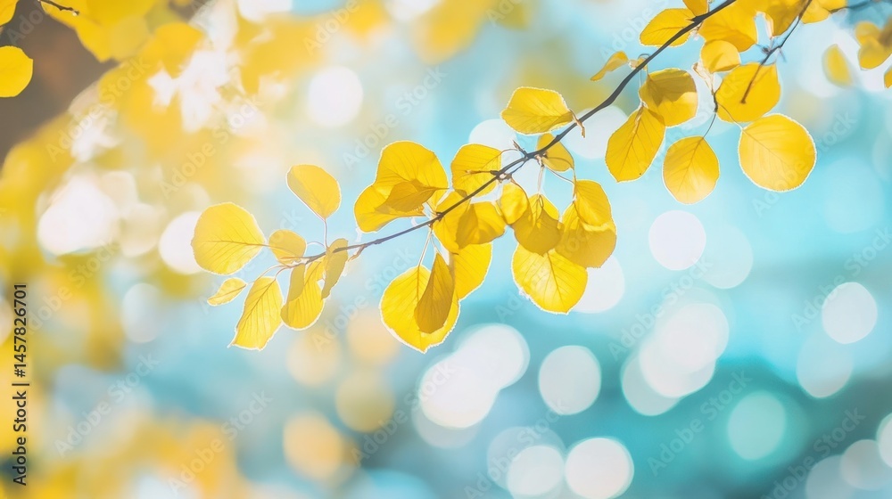 Obraz premium Golden autumn leaves on branch with bokeh background