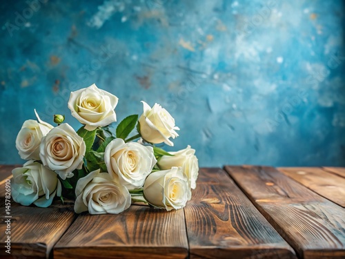 White Roses on Rustic Wooden Table, Blue Background - Still Life Food Photography