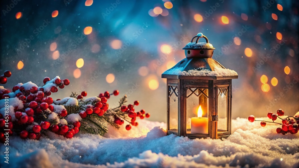 Winter Lantern Scene: Red Berries, Snow, Candlelight - Urban Exploration Photography