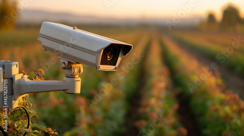 AI-powered precision farming field surveillance at sunset